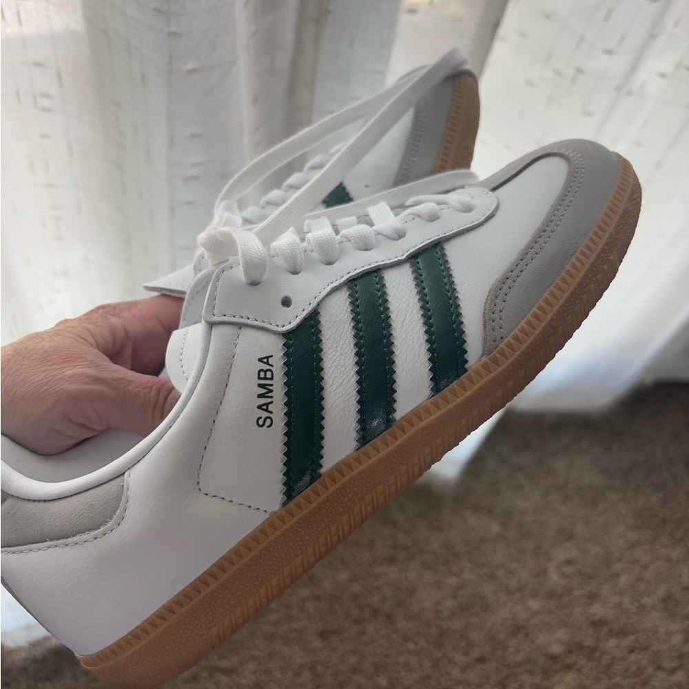 Adidas Samba White with Dark Green Stripes women’s 7.5